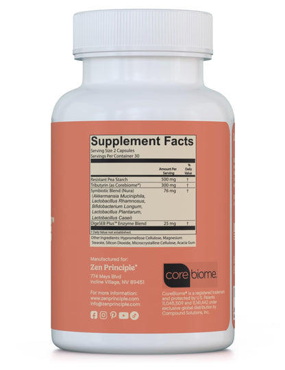 Zen Principle Zenculture™ – 4-in-1 Synbiotic Supplement (Probiotic + Prebiotic + Postbiotic + Digestive Enzymes) with CoreBiome® • 60 Capsules