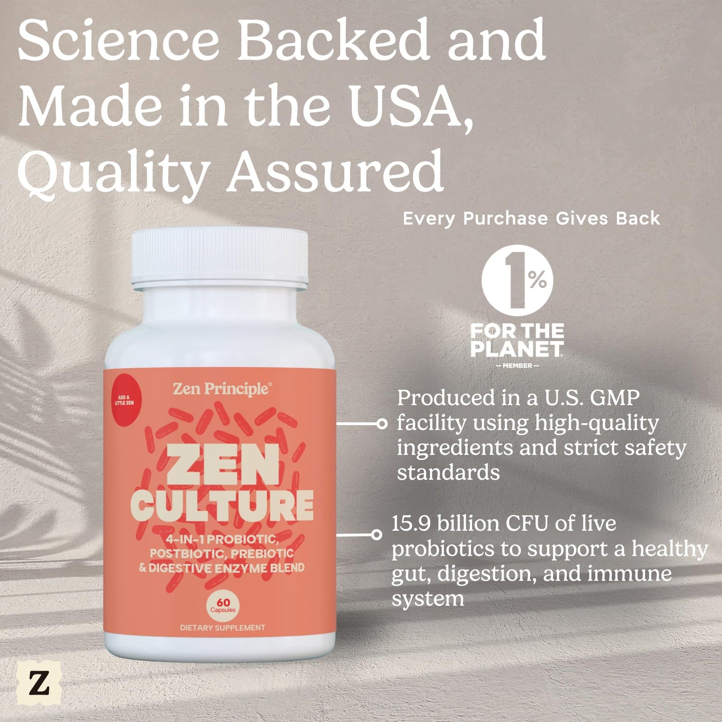 Zen Principle Zenculture™ – 4-in-1 Synbiotic Supplement (Probiotic + Prebiotic + Postbiotic + Digestive Enzymes) with CoreBiome® • 60 Capsules