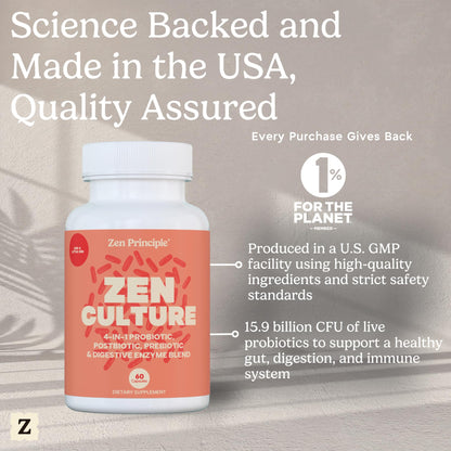 Zen Principle Zenculture™ – 4-in-1 Synbiotic Supplement (Probiotic + Prebiotic + Postbiotic + Digestive Enzymes) with CoreBiome® • 60 Capsules