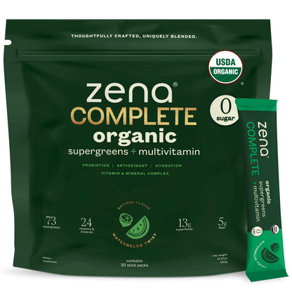Zena Nutrition Complete Organic Super Greens Powder & Multivitamin – Watermelon Citrus, 30 Packets