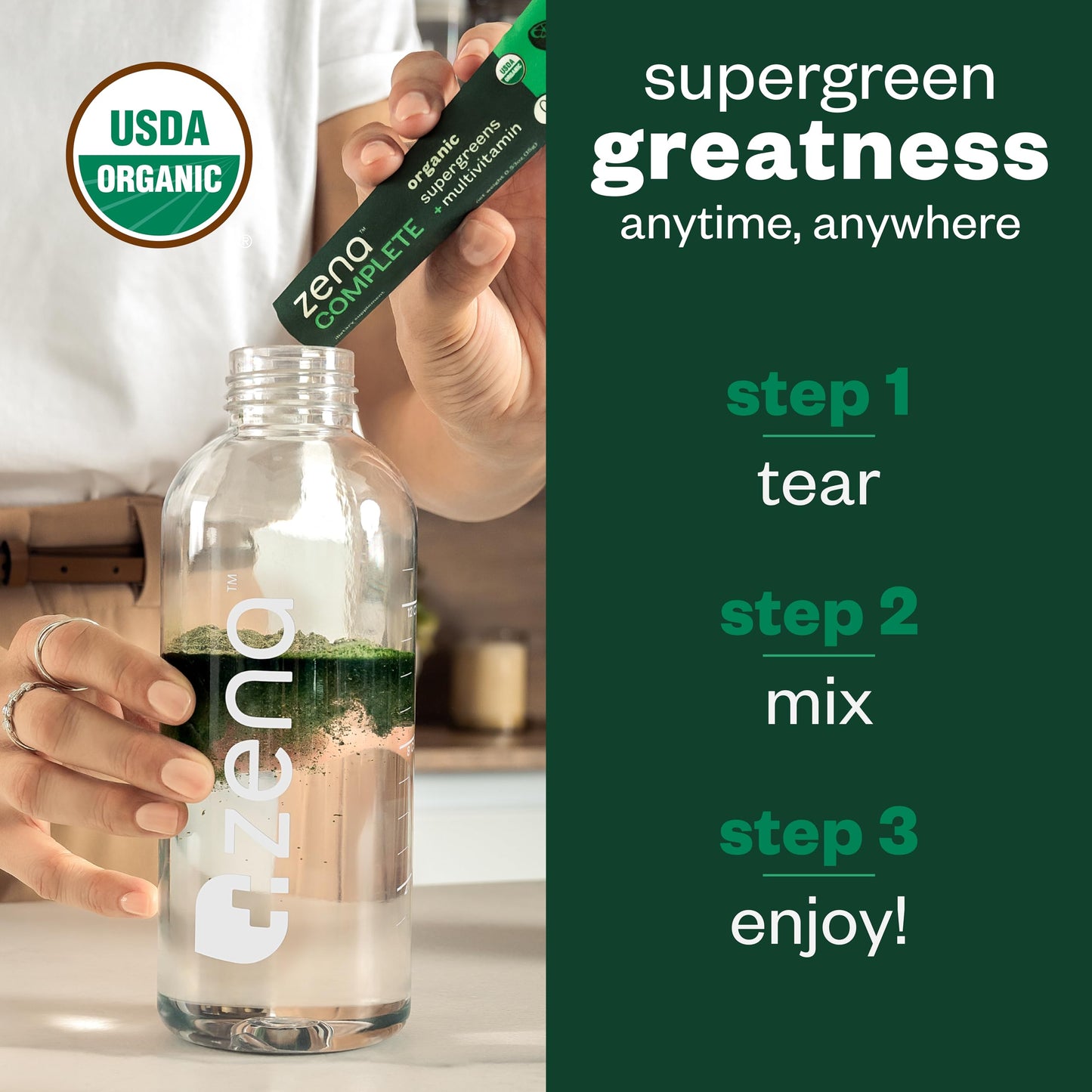 Zena Nutrition Complete Organic Super Greens Powder & Multivitamin – Watermelon Citrus, 30 Packets
