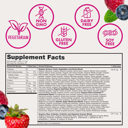 Zena Nutrition Organic Super Greens Powder – 70+ Superfoods, 0 Sugar, 5g Fiber, Mixed Berry, 45 Stick Packets