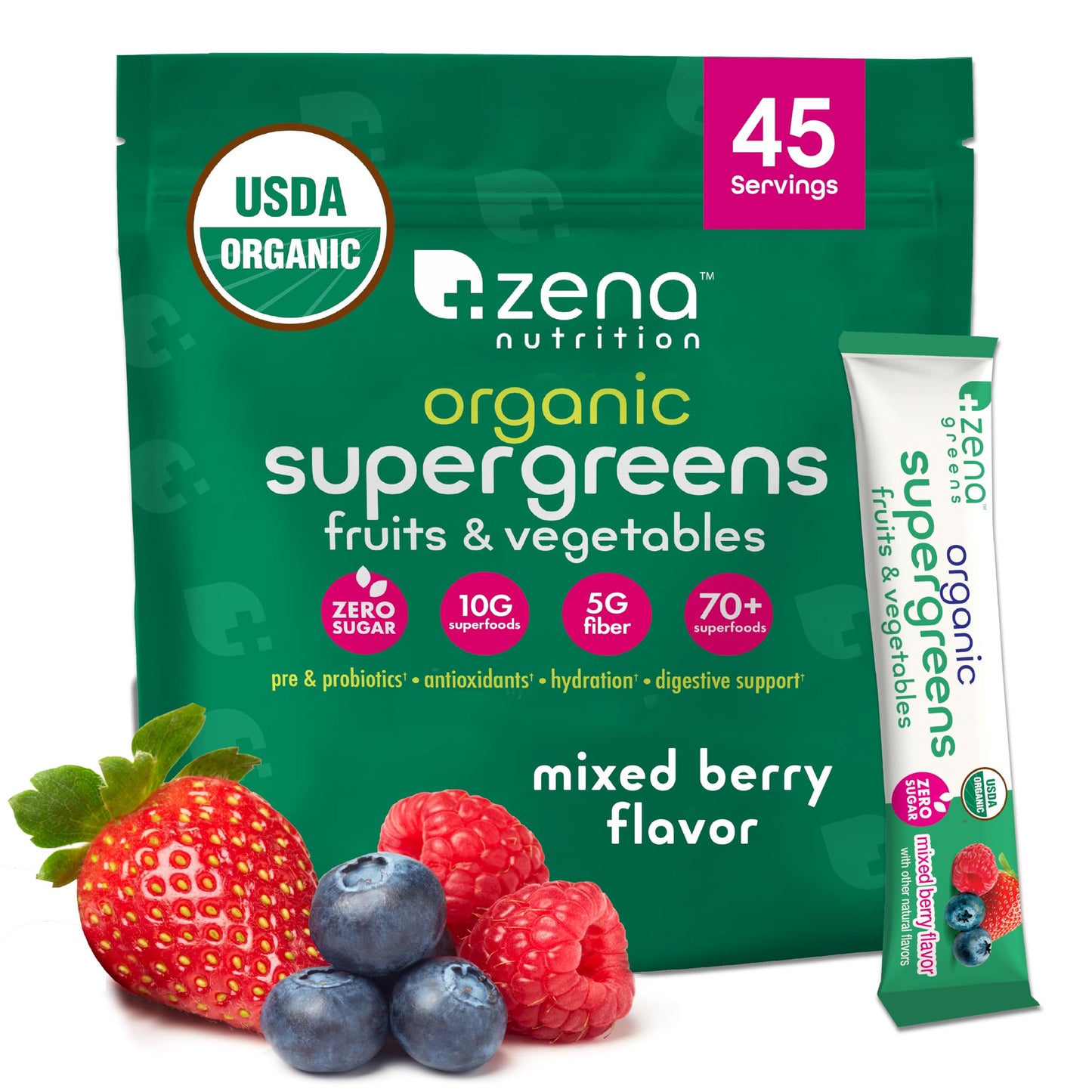 Zena Nutrition Organic Super Greens Powder – 70+ Superfoods, 0 Sugar, 5g Fiber, Mixed Berry, 45 Stick Packets