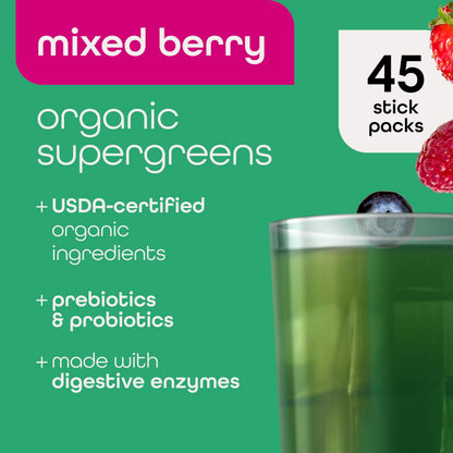 Zena Nutrition Organic Super Greens Powder – 70+ Superfoods, 0 Sugar, 5g Fiber, Mixed Berry, 45 Stick Packets