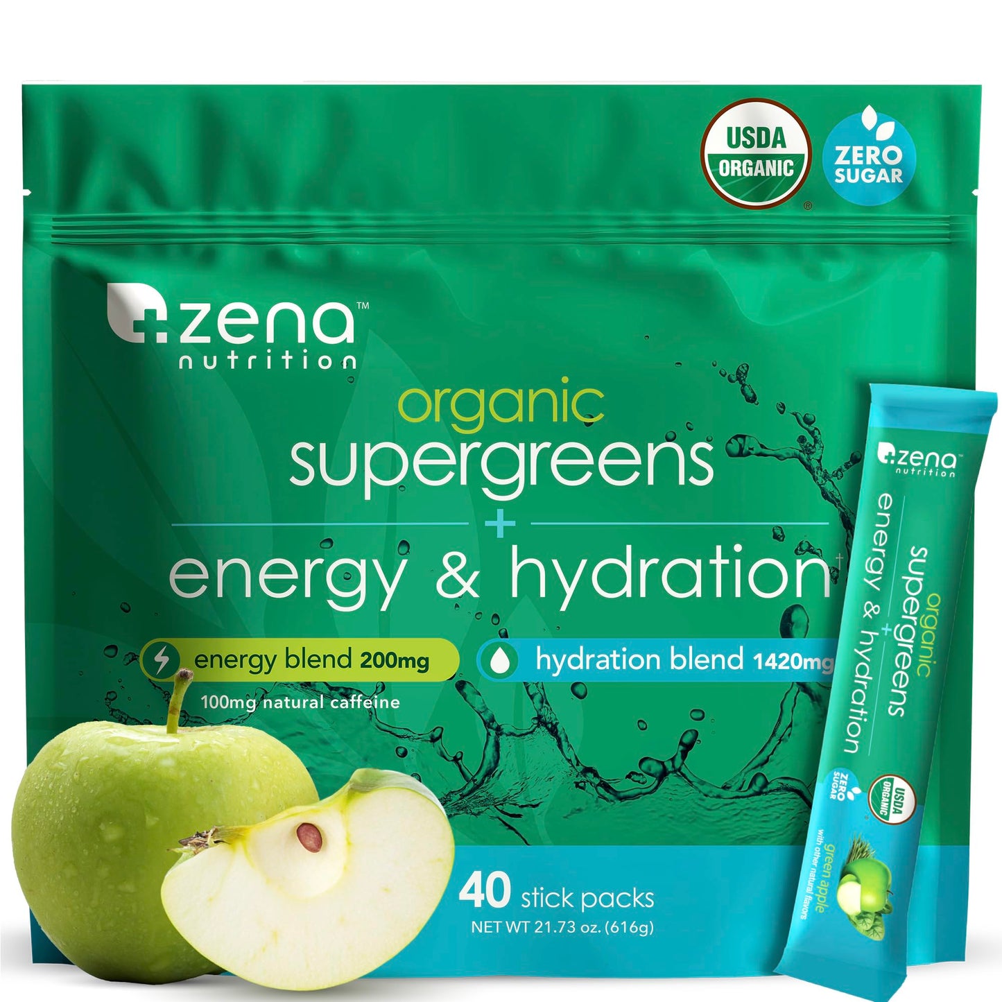 Zena Nutrition Organic Super Greens Energy & Hydration Powder — 70+ Superfoods, 0 Sugar, 5g Fiber, 40 Packets