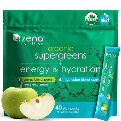 Zena Nutrition Organic Super Greens Energy & Hydration Powder — 70+ Superfoods, 0 Sugar, 5g Fiber, 40 Packets