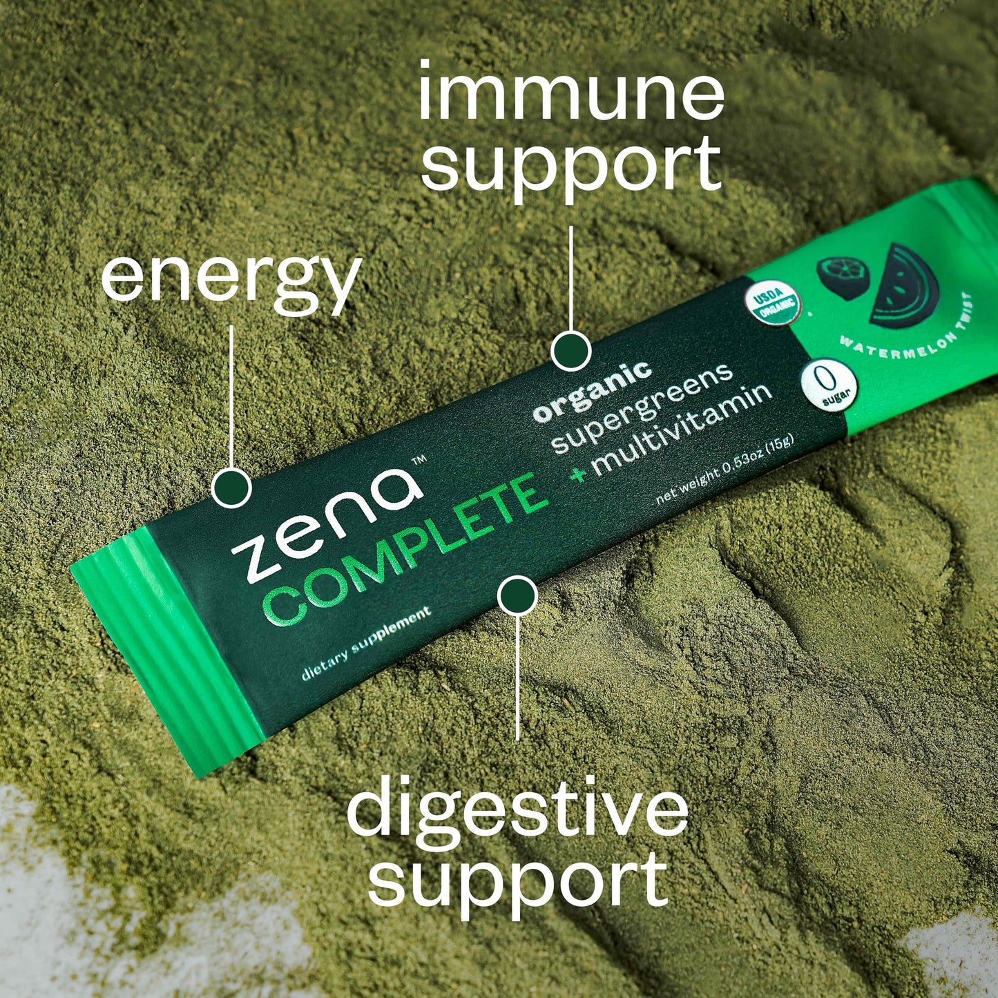 Zena Nutrition Complete Organic Super Greens Powder & Multivitamin – Watermelon Citrus, 30 Packets