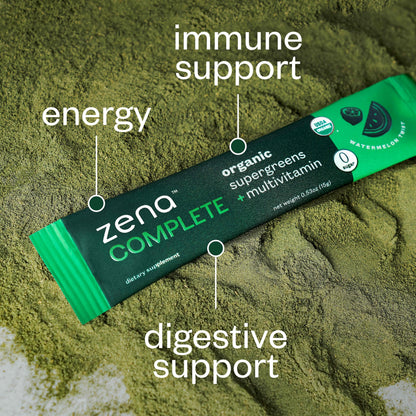 Zena Nutrition Complete Organic Super Greens Powder & Multivitamin – Watermelon Citrus, 30 Packets