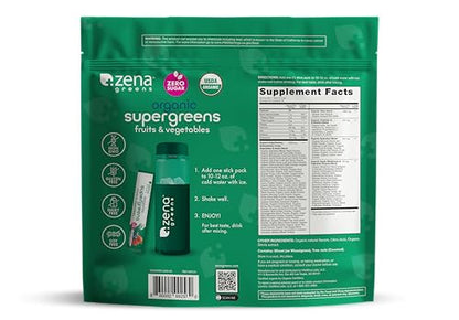 Zena Nutrition Organic Super Greens Powder – 70+ Superfoods, 0 Sugar, 5g Fiber, Mixed Berry, 45 Stick Packets
