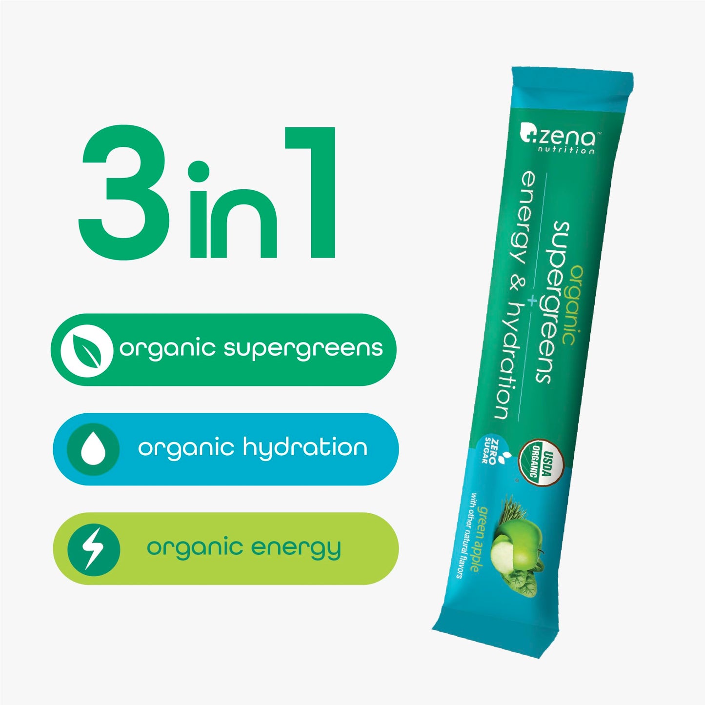 Zena Nutrition Organic Super Greens Energy & Hydration Powder — 70+ Superfoods, 0 Sugar, 5g Fiber, 40 Packets