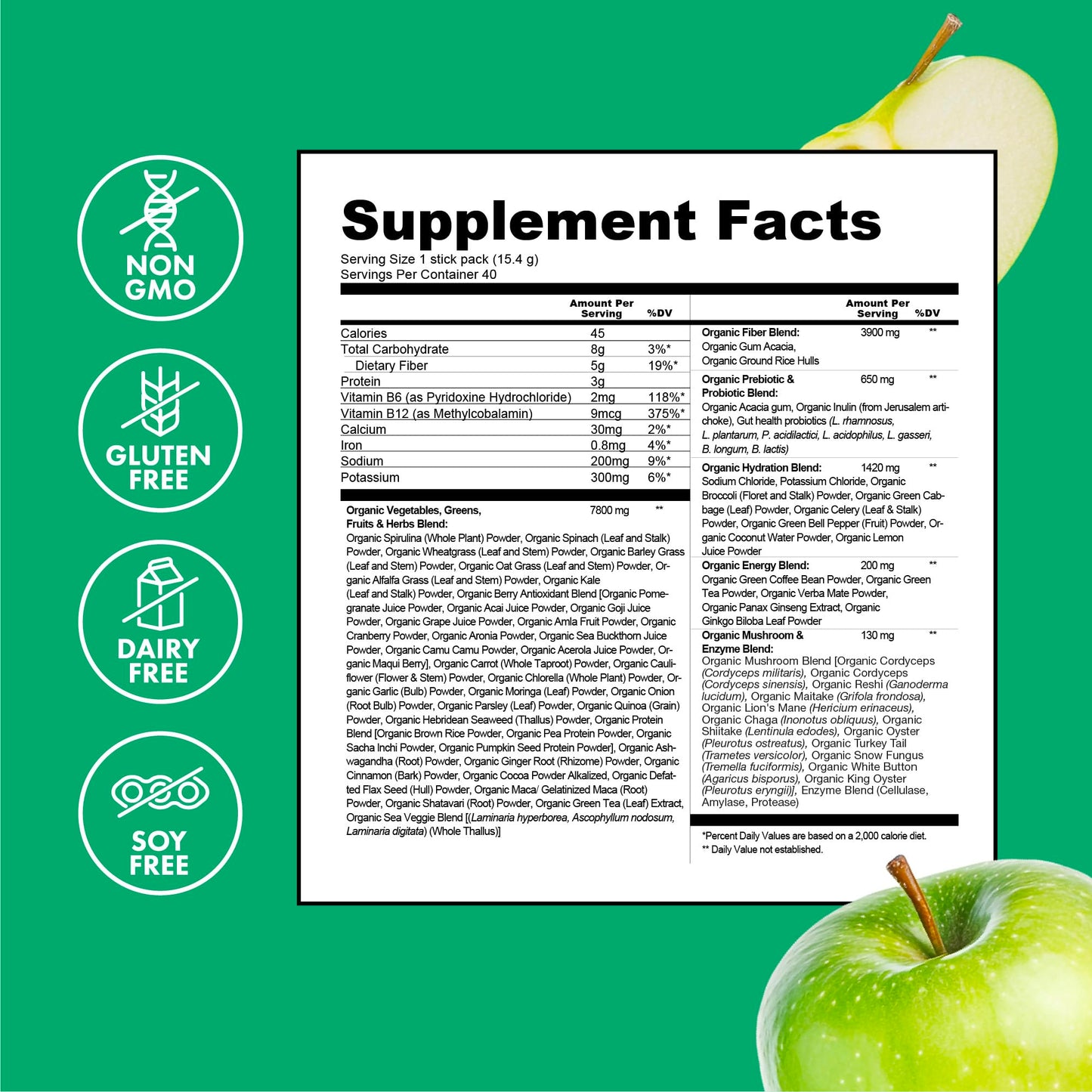Zena Nutrition Organic Super Greens Energy & Hydration Powder — 70+ Superfoods, 0 Sugar, 5g Fiber, 40 Packets