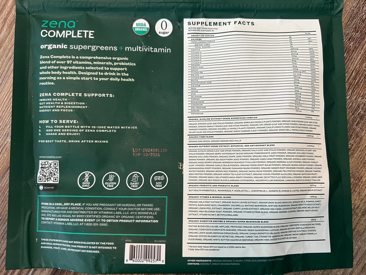 Zena Nutrition Complete Organic Super Greens Powder & Multivitamin – Watermelon Citrus, 30 Packets