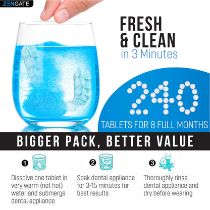 ZENGATE Retainer Cleaner Tablets – 240 Tabs (2 Packs) | 8 Months Supply