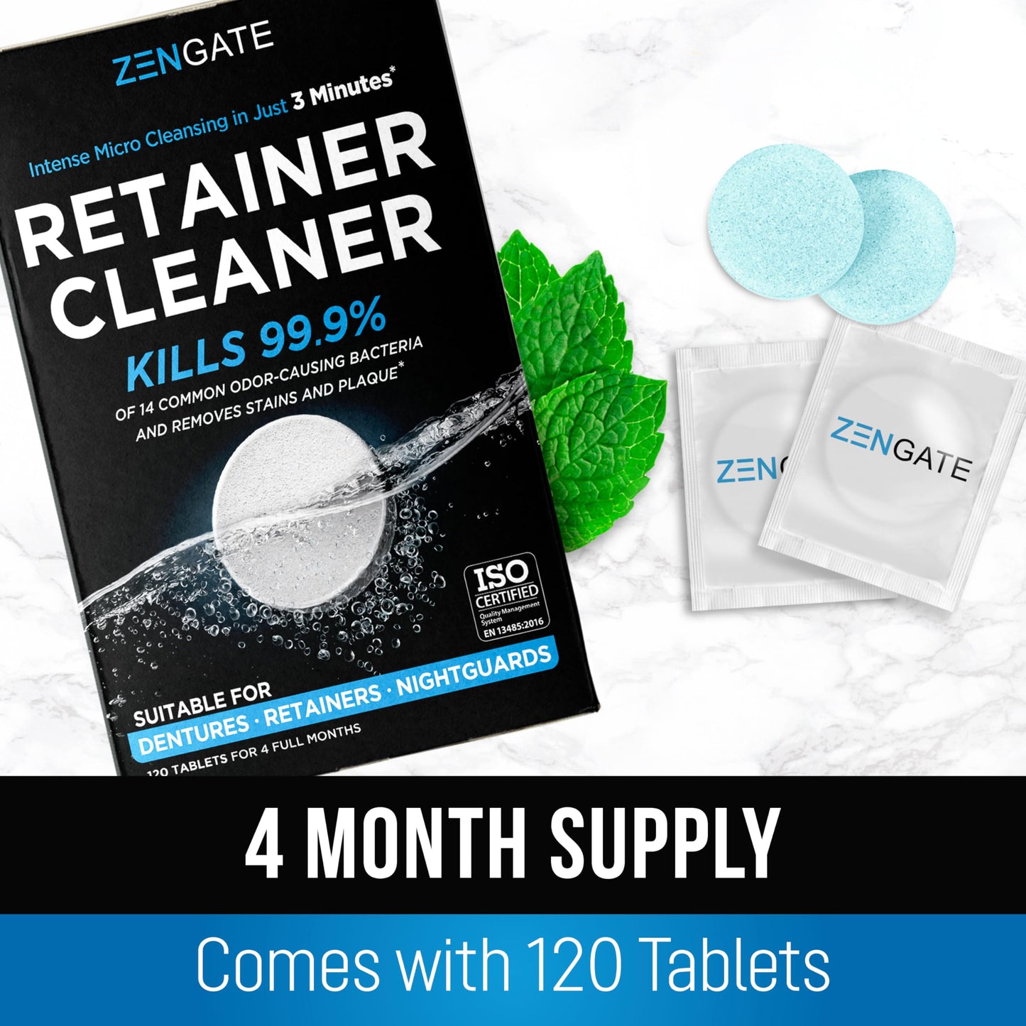 ZENGATE Retainer Cleaner Tablets – 120 Dental Cleansing Tablets (3-Min) | FSA/HSA Approved