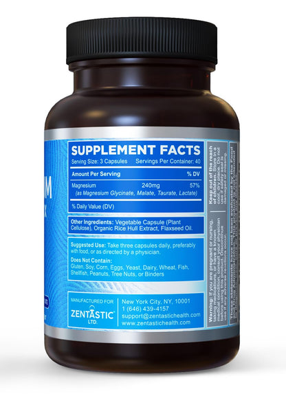 Zentastic Magnesium Complex – 600 Magnesium Capsules – Chelated Magnesium Glycinate, Malate, Taurate & Lactate | Support Bones & Muscles