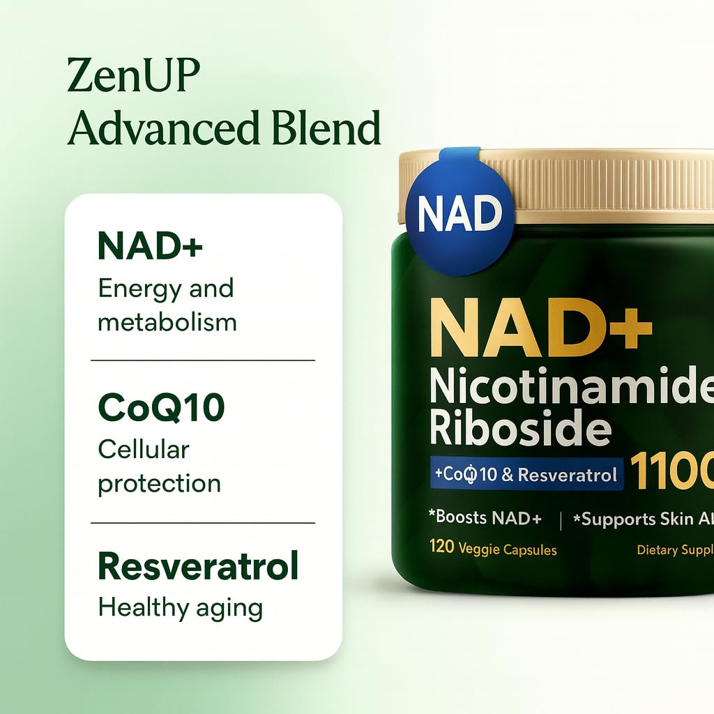 ZenUP NAD+ Supplement | 1100mg Liposomal NR with Resveratrol & Quercetin | Energy & Skin Support | 120 Caps