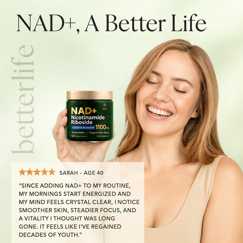 ZenUP NAD+ Supplement | 1100mg Liposomal NR with Resveratrol & Quercetin | Energy & Skin Support | 120 Caps