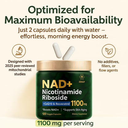 ZenUP NAD+ Supplement | 1100mg Liposomal NR with Resveratrol & Quercetin | Energy & Skin Support | 120 Caps