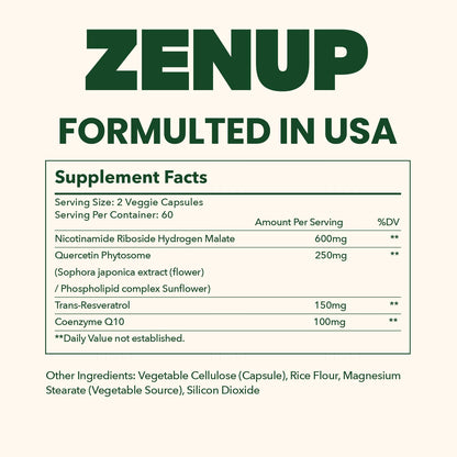 ZenUP NAD+ Supplement | 1100mg Liposomal NR with Resveratrol & Quercetin | Energy & Skin Support | 120 Caps