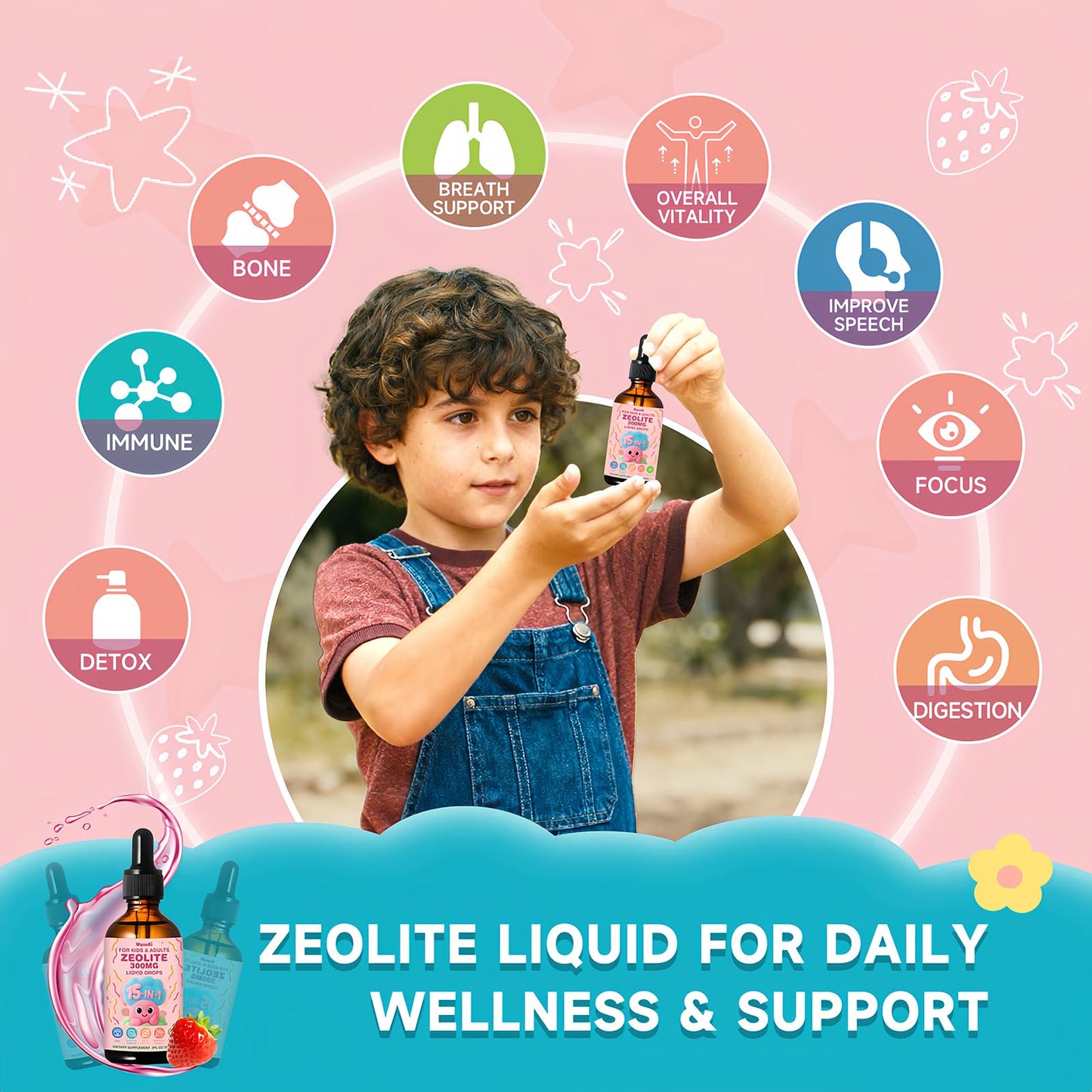 Zeolite Drops 2 Pack Detox for Kids & Adults - 300mg Clinoptilolite, 1000mcg B12, C & D3 | 10B CFU Prebiotics + Seaweed Calcium | 120ml