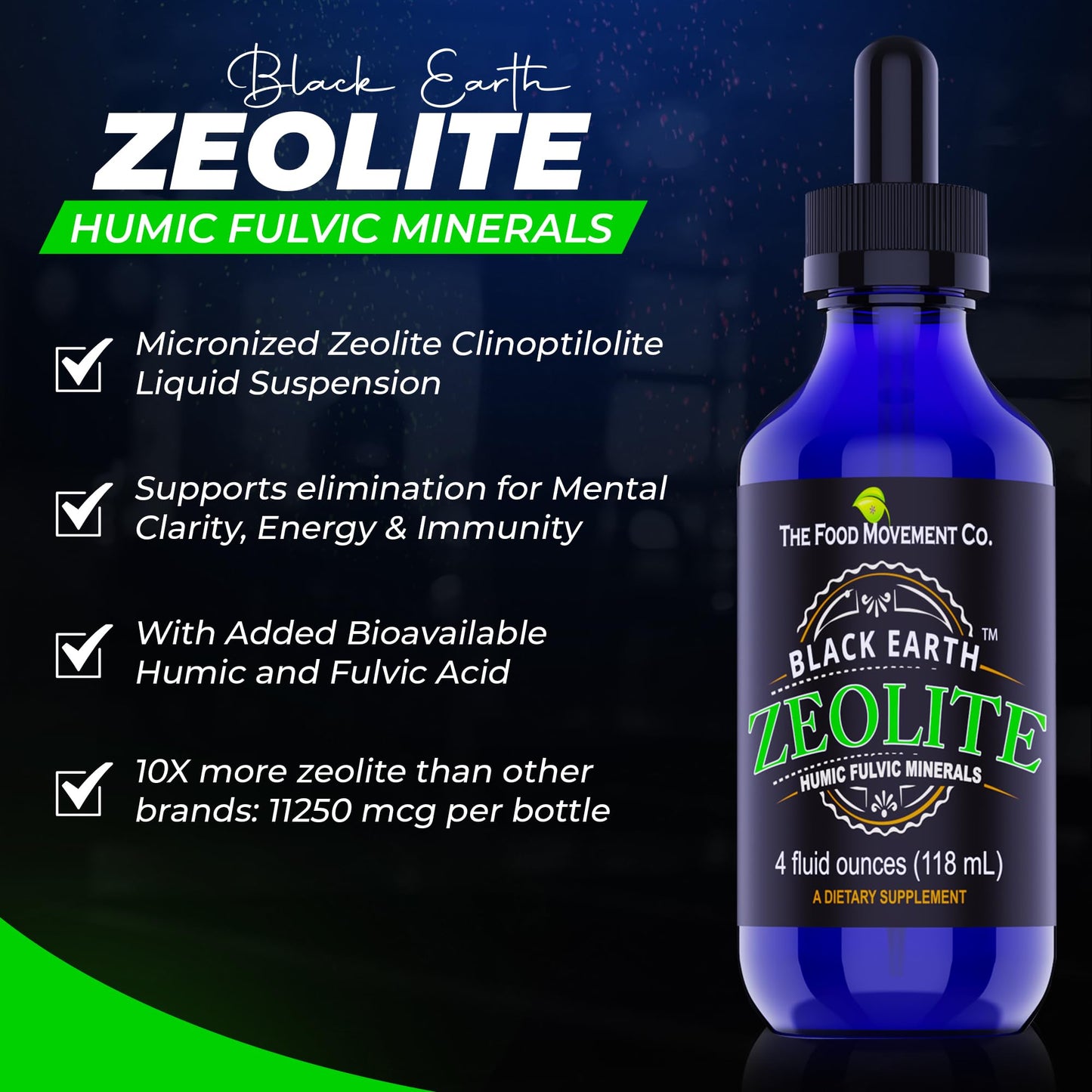 Black Earth Zeolite with Humic Fulvic Acids & Trace Minerals – 4 Fl Oz Drops for Detox, Gut Health & Immune Support | THE FOOD MOVEMENT CO.