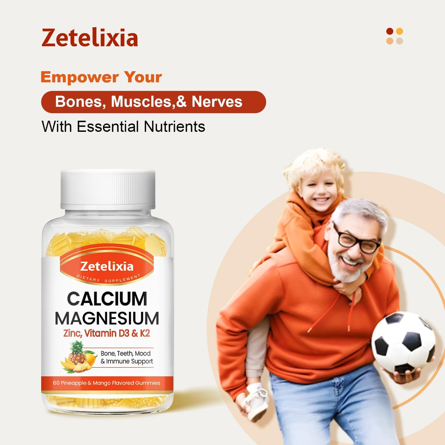 Zetelixia Calcium Gummies for Women & Men – Calcium Magnesium Zinc with Vitamin D3 & K2, Pineapple & Mango Flavor, 60 Count