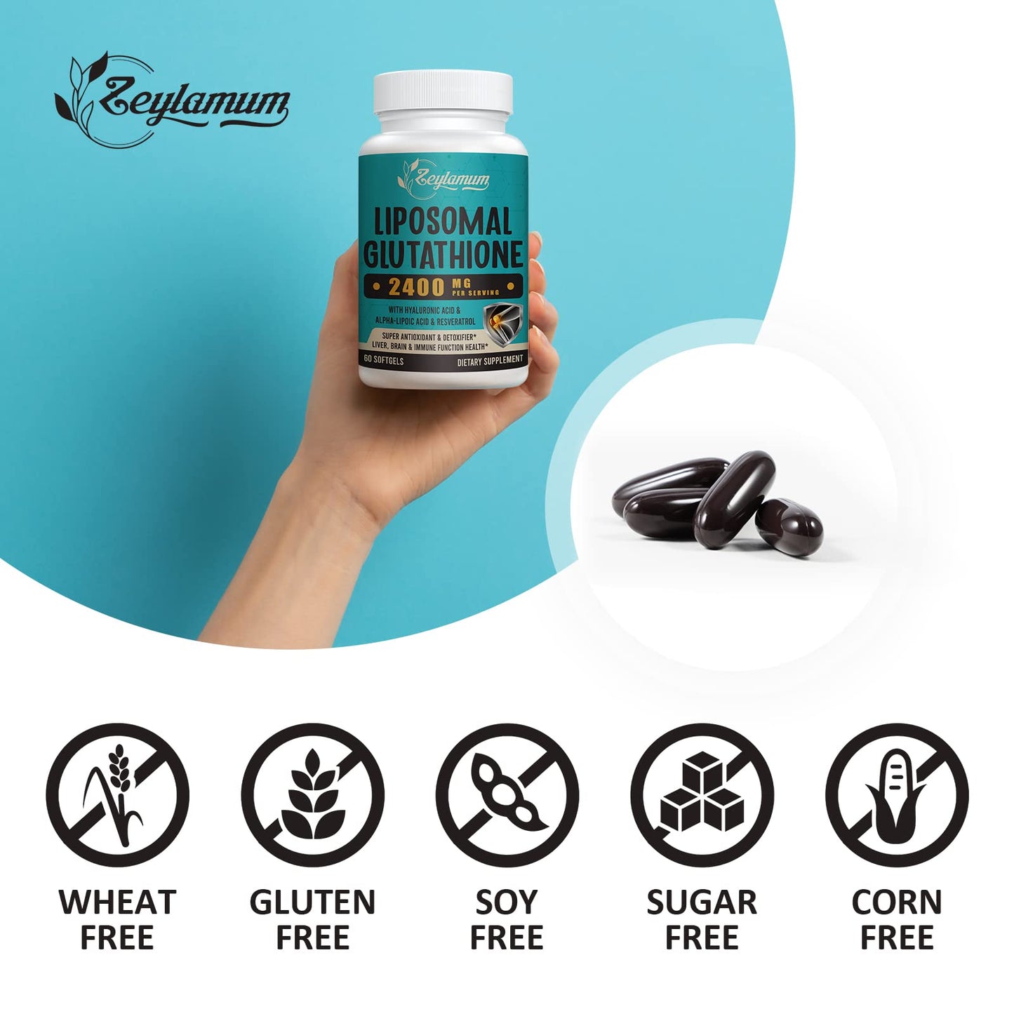 Zeylamum 2400 MG Liposomal Glutathione Softgels — Max Absorption with Hyaluronic Acid & Resveratrol