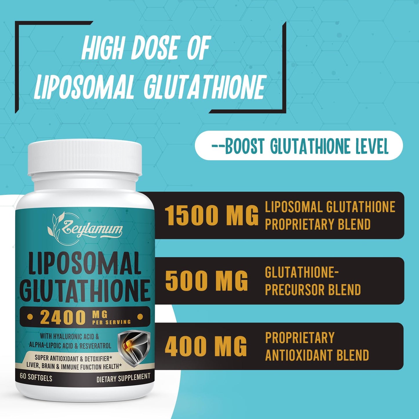 Zeylamum 2400 MG Liposomal Glutathione Softgels — Max Absorption with Hyaluronic Acid & Resveratrol