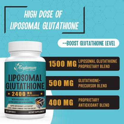 Zeylamum 2400 MG Liposomal Glutathione Softgels — Max Absorption with Hyaluronic Acid & Resveratrol