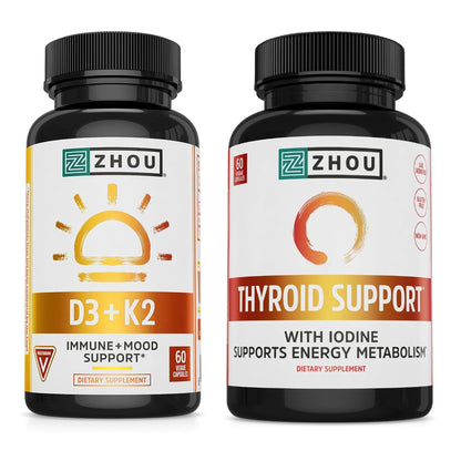ZHOU D3 + K2 & Thyroid Support Bundle | Vitamin D3 5000 IU, MK-7, Zinc, Iodine & Selenium | 120 Capsules