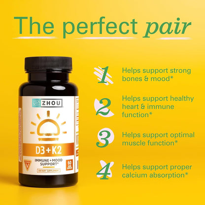 ZHOU D3 + K2 & Thyroid Support Bundle | Vitamin D3 5000 IU, MK-7, Zinc, Iodine & Selenium | 120 Capsules