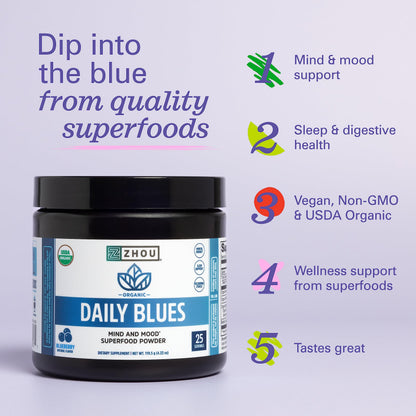 Zhou Daily Blues Blue Spirulina Powder – Organic, Vegan Blueberry Flavor, 4.22 oz (25 Servings)
