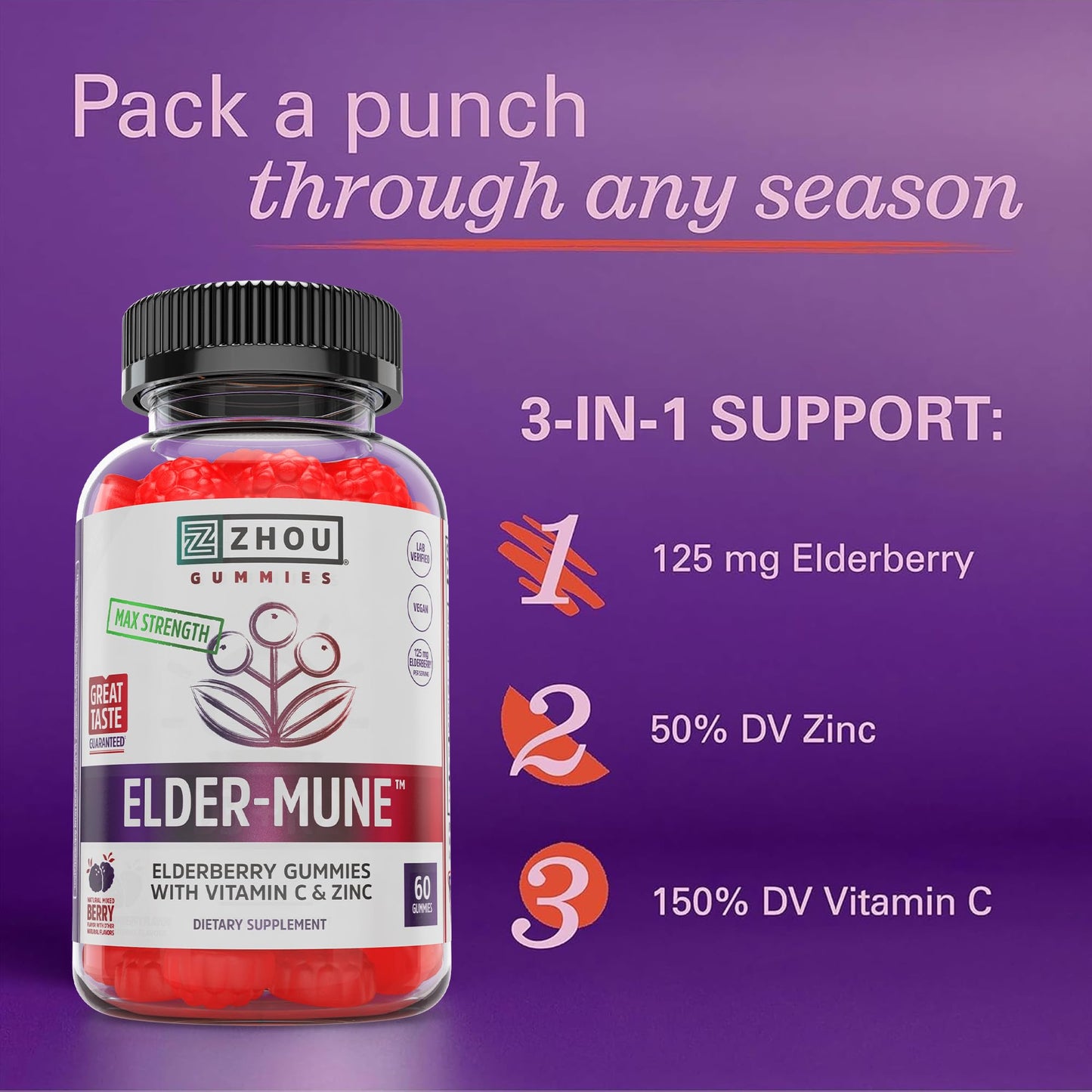 ZHOU Elder-Mune Gummies — Black Elderberry, Vitamin C & Zinc Immune Support | 60 Gummies (3 Pack)