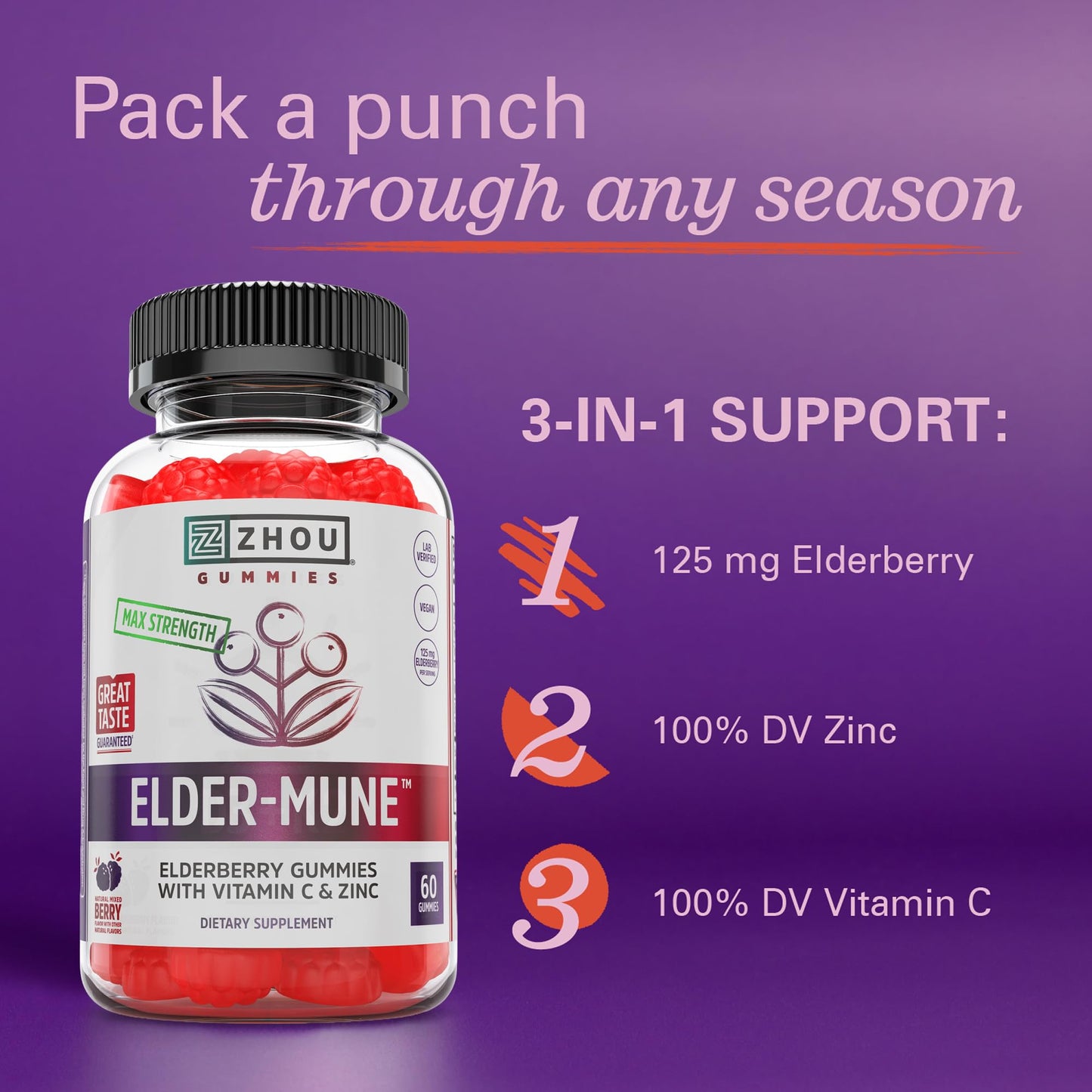 ZHOU Elder-Mune Gummies — Black Elderberry, Vitamin C & Zinc Immune Support | 60 Gummies (3 Pack)