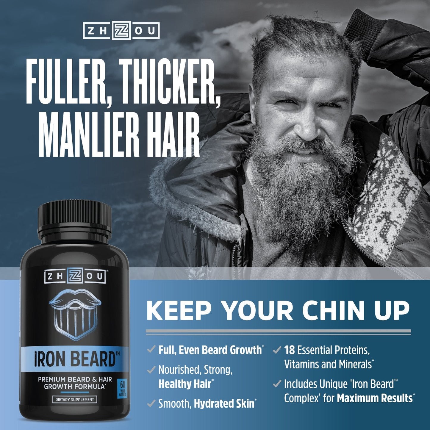 Zhou Iron Beard - Beard Growth Vitamins for Men | Biotin, Saw Palmetto & B Vitamins | 60 Veggie Capsules