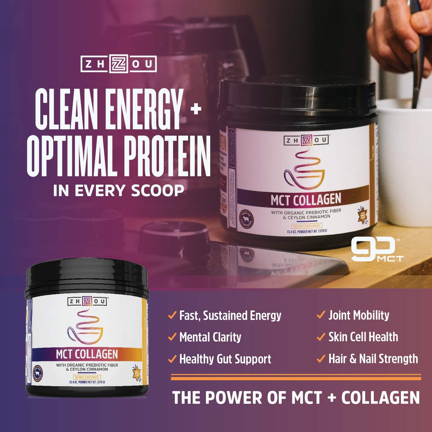 Zhou MCT Collagen Powder – Vanilla, 13.4 oz | Hydrolyzed Collagen + MCT