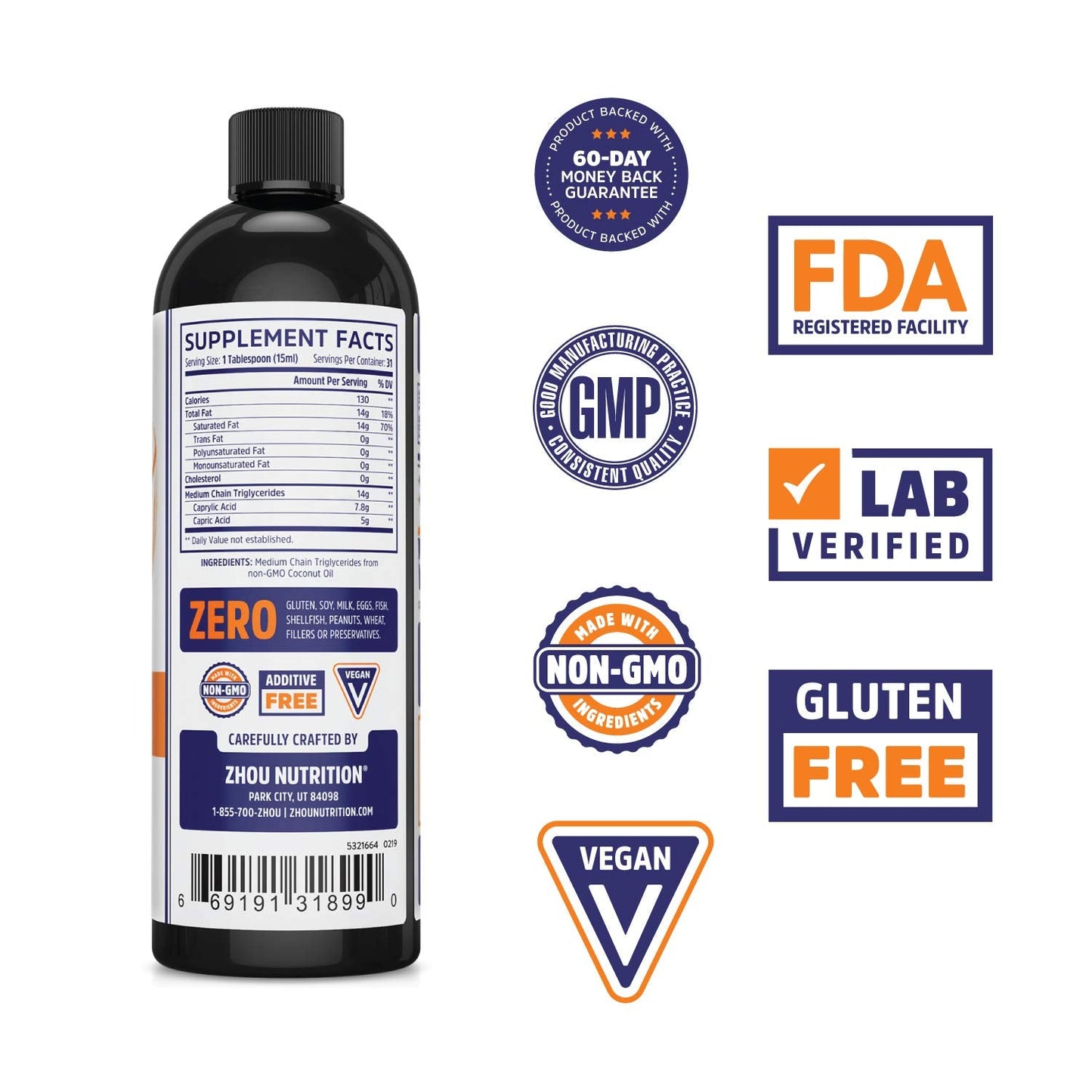 ZHOU MCT Oil 16oz – Unflavored MCT Oil (C8) from Non-GMO Coconut
