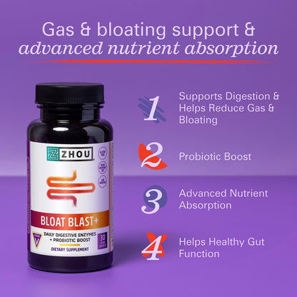 Zhou Bloat Blast+ Digestive Enzymes with Probiotics – 30 Veggie Capsules