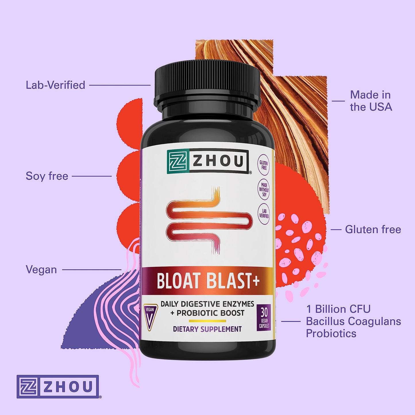 Zhou Bloat Blast+ Digestive Enzymes with Probiotics – 30 Veggie Capsules