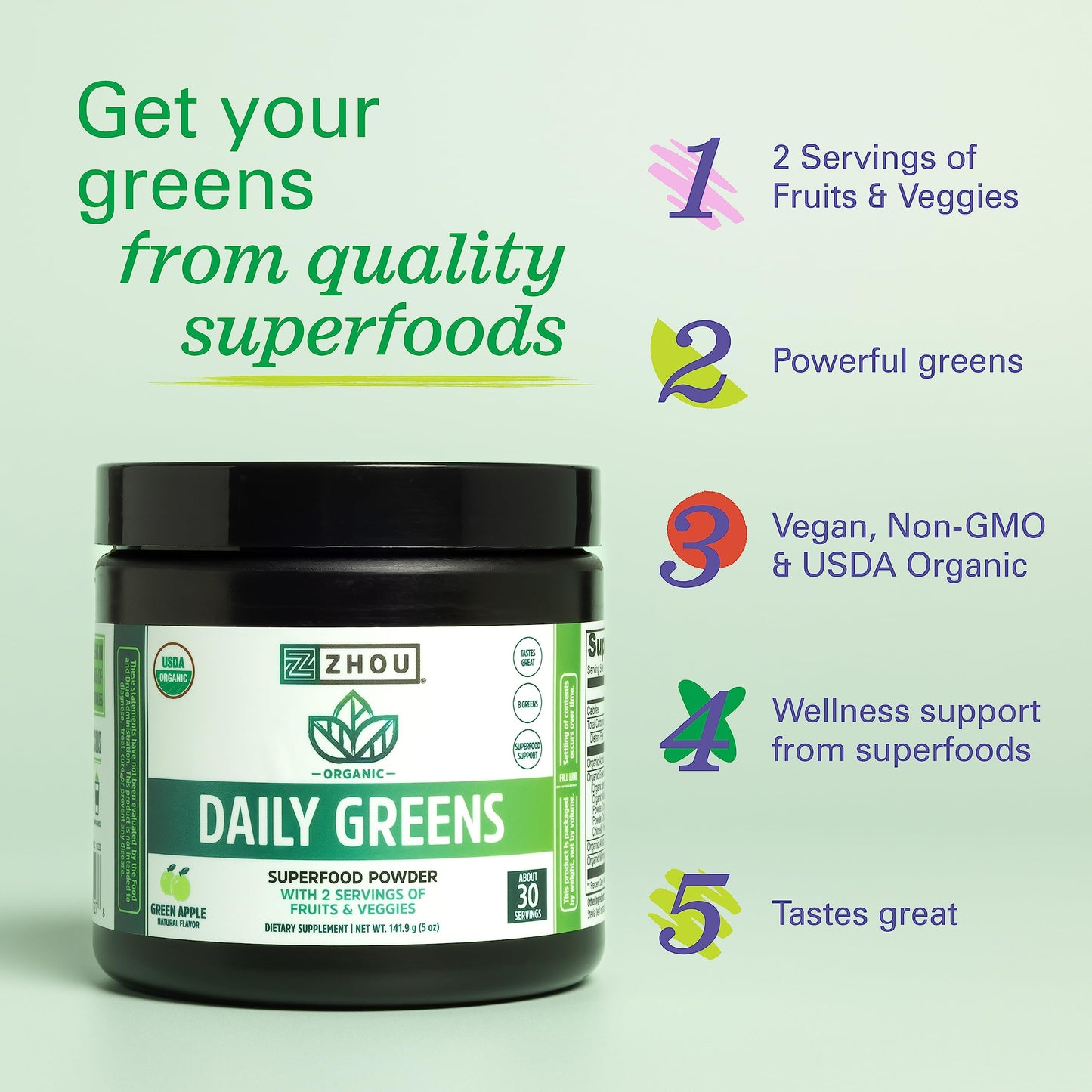 ZHOU Nutrition USDA Organic Supergreens Powder – 30 Servings