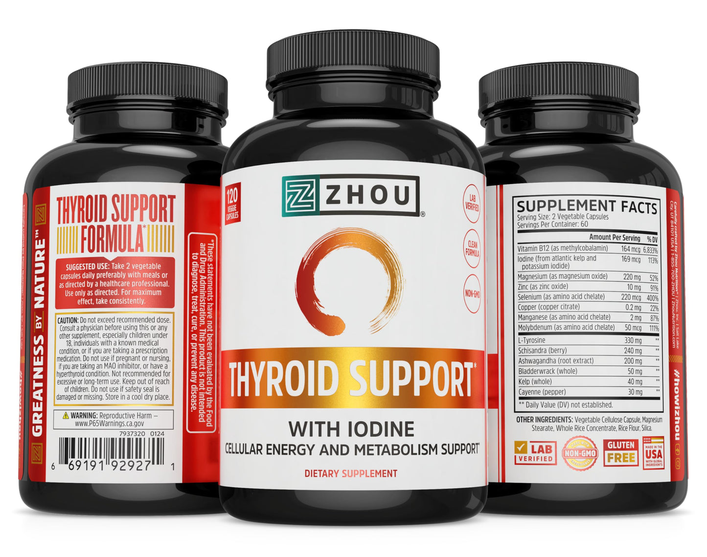 ZHOU Thyroid Support - Thyroid Supplement for Women & Men | Iodine, Selenium & Zinc | 120 Veggie Capsules