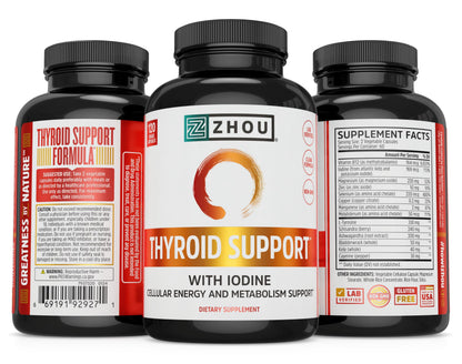 ZHOU Thyroid Support - Thyroid Supplement for Women & Men | Iodine, Selenium & Zinc | 120 Veggie Capsules
