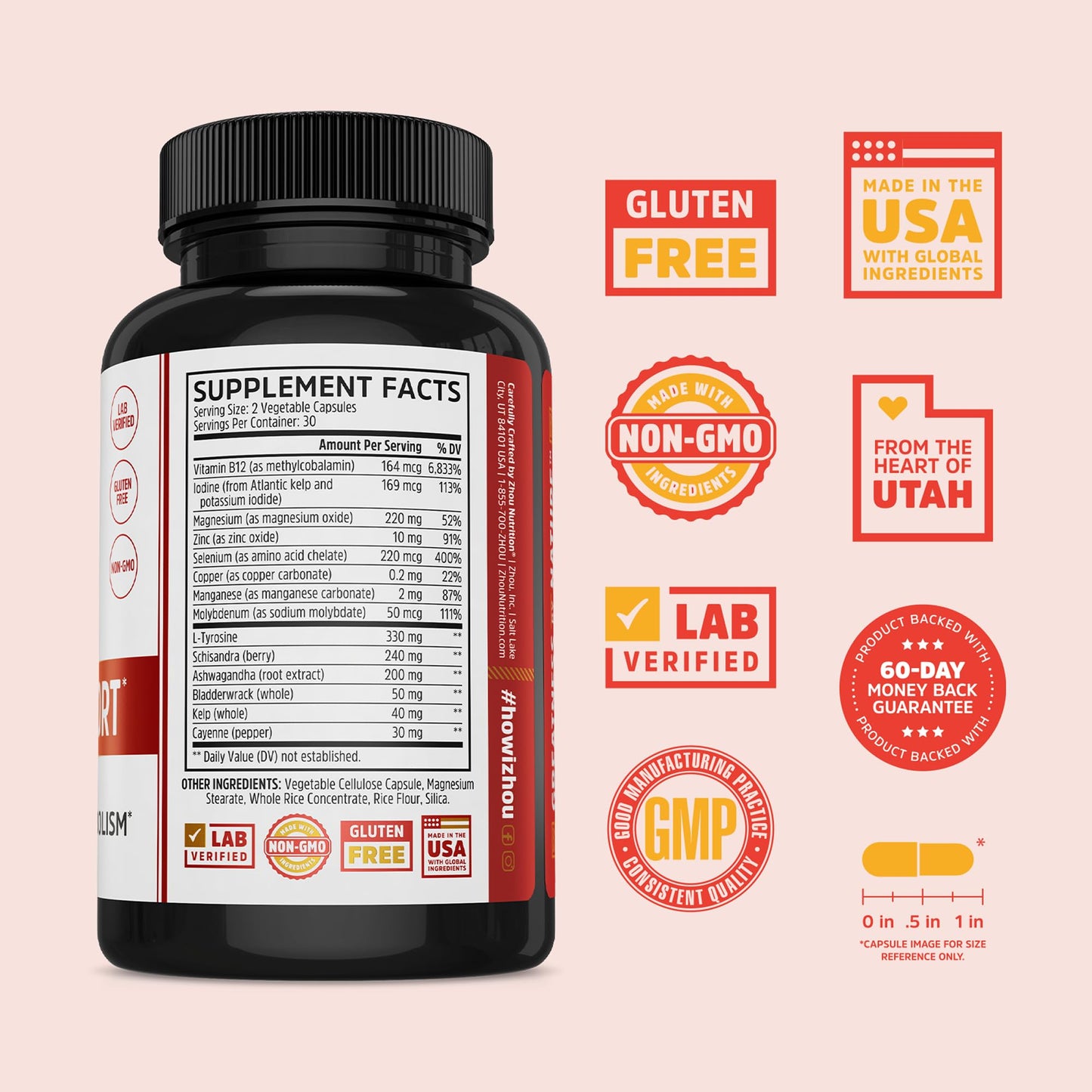 ZHOU Thyroid Support - Thyroid Health Supplement with Iodine, Selenium, Zinc | 60 Veggie Capsules (Pack of 2)