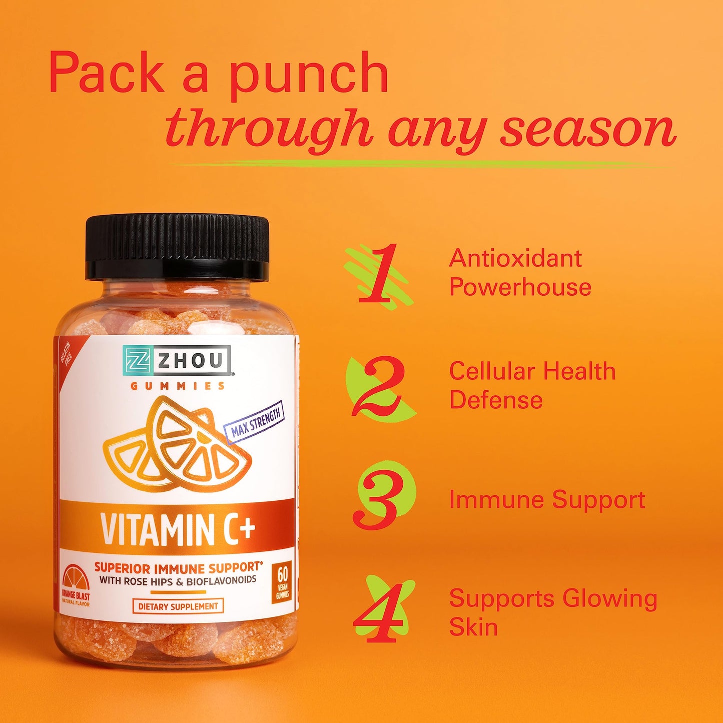 Zhou Vitamin C+ Gummies - Immune Support Vitamin C Gummies for Adults & Kids (270 mg per Gummy) - 60 Vegan Gummies