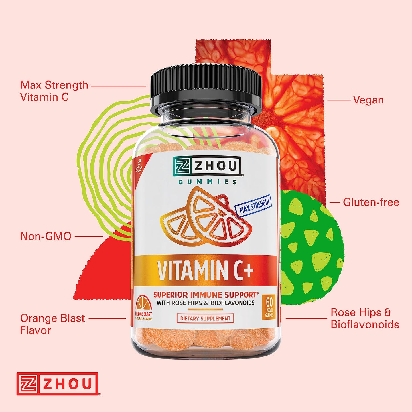 Zhou Vitamin C+ Gummies - Immune Support Vitamin C Gummies for Adults & Kids (270 mg per Gummy) - 60 Vegan Gummies