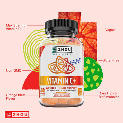 Zhou Vitamin C+ Gummies - Immune Support Vitamin C Gummies for Adults & Kids (270 mg per Gummy) - 60 Vegan Gummies