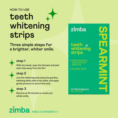 Zimba Spearmint Teeth Whitening Strips | Vegan, Enamel Safe Hydrogen Peroxide Teeth Whitener for Coffee, Wine, Tobacco, and Other Stains | 14 Day Treatment | Spearmint