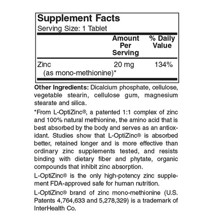 Holly Hill Health Foods, Zinc 20 MG, 250 Tablets | L-OptiZinc