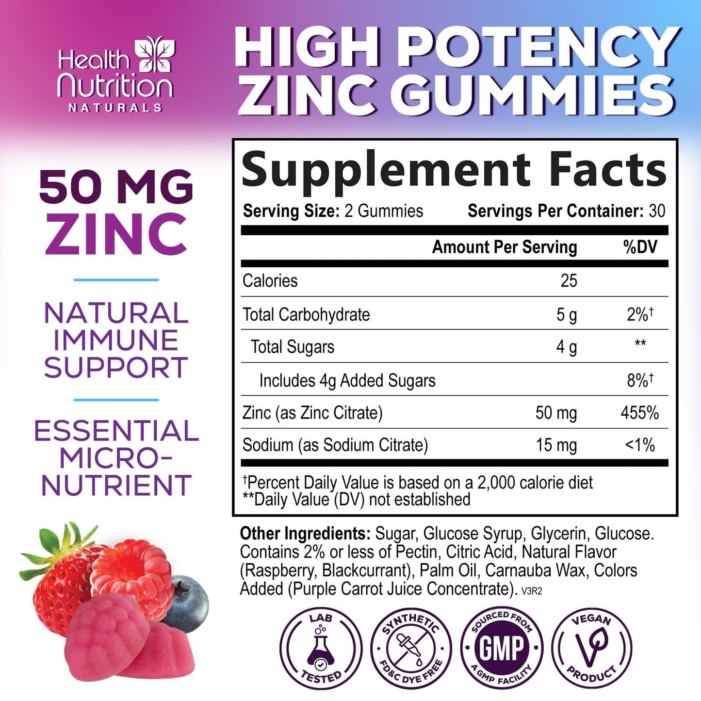 Zinc 50mg Gummies - Max Strength for Immune & Skin Health | Vegan, Non-GMO, Gluten Free | 60 Gummies