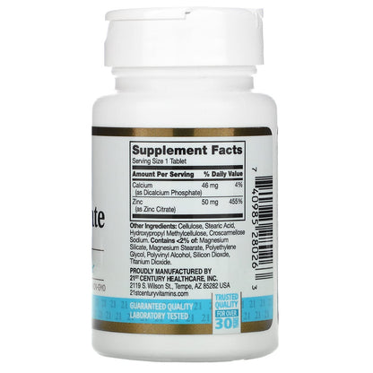 21st Century HealthCare Zinc Citrate Tablets 50mg – 60 Count | Immune Support
